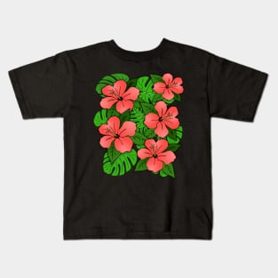 Hibiscus Flowers & Monstera Leaves Kids T-Shirt